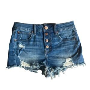 American Eagle Medium Wash Distressed Button Fly Jean Short Size 4
